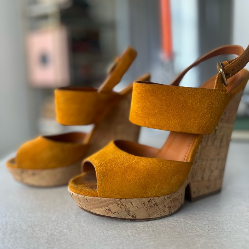 Yves Saint Laurent | YSL | Deauville Cork Heel Wedge Sandals | Yellow Marigold